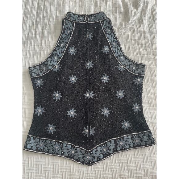 VTG All Over Floral Beaded Modest Asymmetric Hem Sleeveless Top NYE Elegant Y2K - Picture 6 of 12